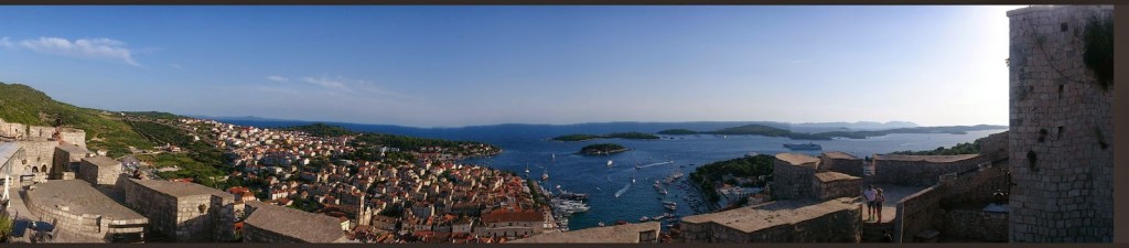 Hvar: Panorama from the Fortress (Hvar Town, Pakleni Islands and Fortess walls)