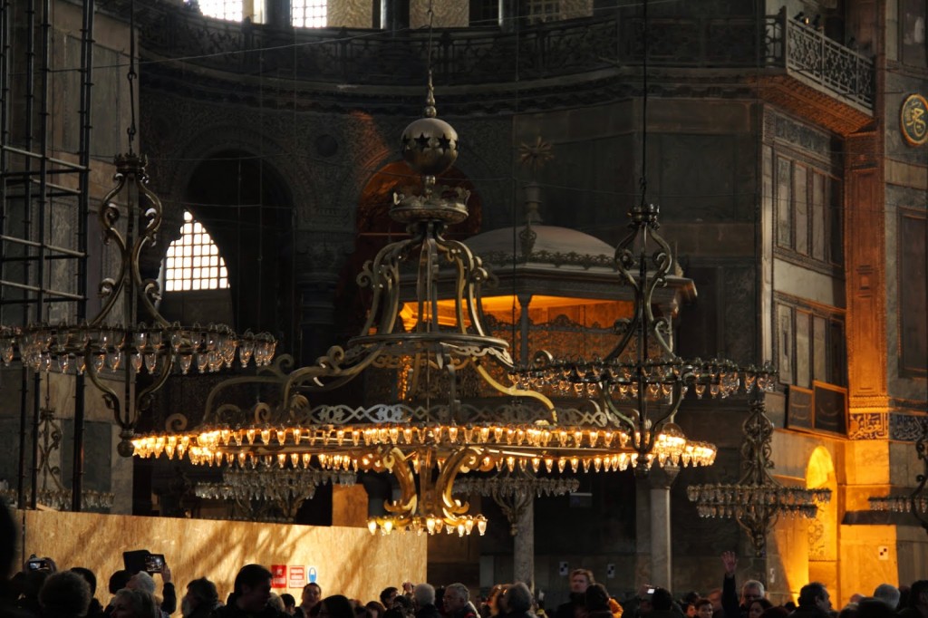 Soft lighting inside the Hagia Sophia